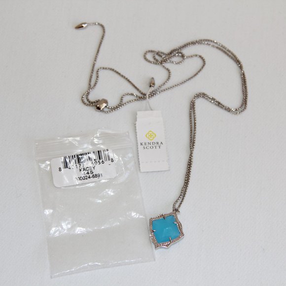 New with Tags Kendra Scott Kacey Drop Aqua Chalcedony Pendant Necklace - Picture 1 of 13